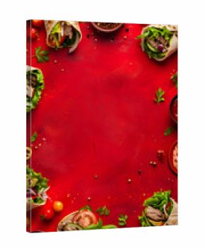 Shawarma wraps with spices and fresh vegetables on a textured red background, top-view composition. Food blogs, menu backgrounds, promotional posters, recipe visuals.