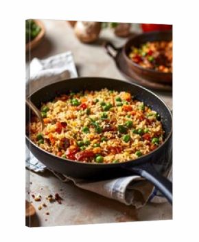 Eine farbenfrohe Pfanne mit Reis, vermischt mit grünen Erbsen und gewürfelten roten Paprikaschoten, garniert mit Kräutern.