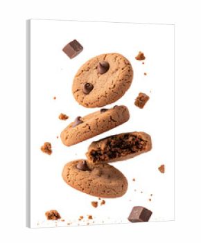 Floating chocolate chip cookies isolated on transparent background. Perfect for dessert, bakery, and sweet food design concepts.