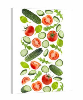 Healthy food background - decorative stripe, flow, border of flying diet vegetable salad ingredients, isolated. Red tomatoes, cucumbers, green leaves. Summer food for detox menu, fitness meal, design.