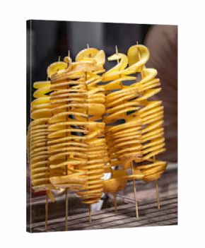 Spiral potato twisters or Tornado Potato, Christmas market, Zurich, Switzerland