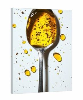 Olive oil and spices filled silver spoon with scattered drops on surface