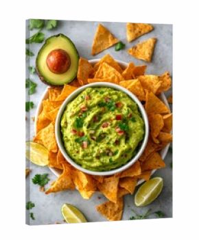 A vibrant shot of a bowl of guacamole surrounded by tortilla chips, with fresh avocado and lime wedges adding to the visual appeal. This image showcases a delicious, freshly made snack or appetizer.