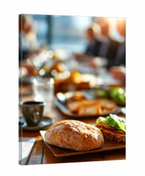 Close-up of a morning breakfast or brunch meeting featuring bread, sandwiches, and coffee on a polished wooden table.