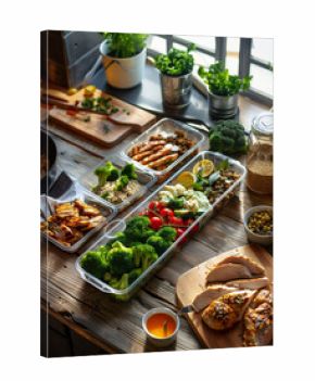 overhead shot of healthy meal prep containers with grilled chicken, broccoli, and vegetables on a wooden table