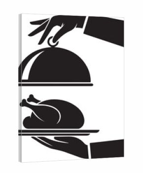 Black waiter hands holding serving tray with baked bird and lid cover cloche for food. Vector silhouette illustration