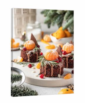 Chocolate brownie cakes with festive decor with tangerines on white kitchen table. Christmas or New Year food ideas sweet homemade pastry concept. Holiday cooking