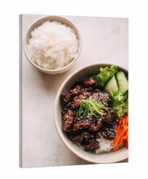 Savory Bulgogi Beef Bowl With Fresh Greens And Steamed Rice Overhead Shot