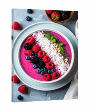 Fresh smoothie bowl with berries, chia seeds, coconut flakes, top view, bright colors, food photography