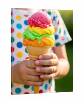 Child holds a colorful ice cream cone with pink, yellow, green, and orange scoops, representing childhood joy and a sweet summer treat