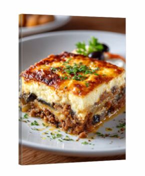 Delicious slice of moussaka on a plate with garnish.