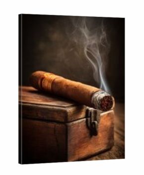 Luxurious Cuban cigar resting on vintage wooden box, wisps of smoke elegantly curling against a dark, moody background creating a sophisticated atmosphere