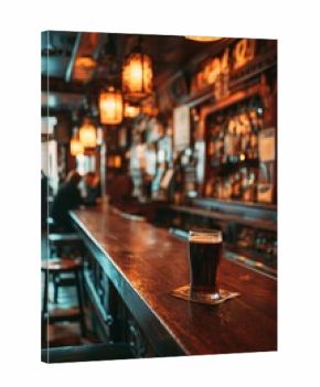 Cozy Irish pub interior with wooden bar, amber light, rows of whisky bottles, and a pint of dark stout on the counter, people chatting behind.