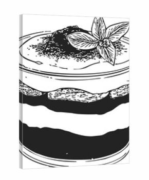 Tiramisu dessert sketch hand drawn in glass with mint leaf garnish. Vector illustration