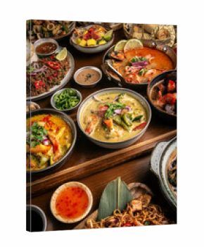 many different thai food dishes on table in modern restaurant in bangkok thailand