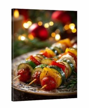Vegetable skewers with star-cut peppers and zucchini slices rest on a festive plate under blurred holiday lights. Their bright colors add freshness to the Christmas table.