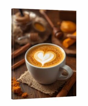 A beautifully decorated cup of coffee with a heart-shaped design on top, surrounded by cinnamon sticks and various spices. The scene evokes a feeling of warmth, comfort, and sensory delight
