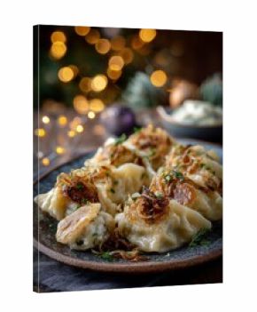 Holiday dumplings served on a rustic plate with fried onions and herbs glow in warm Christmas light, evoking comfort and festive tradition.