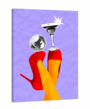 Energetic collage of legs in bright heels near glowing cocktail glass. Concept of New Year nightlife visuals, bar identity, drink promo graphics, festive marketing materials, event posters.