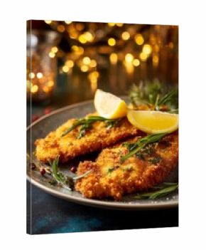 Crispy fried fish fillet with lemon and herbs rests on a festive plate with warm lights. A traditional Polish Christmas Eve dish known as fried carp.