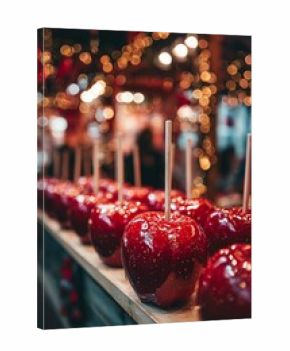 Glossy red candy apples on wooden sticks hang in rows at a festive stall, twinkling lights and blurred crowds behind create a fairytale Christmas feel.