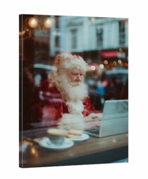 Santa Claus working on a laptop in a cozy cafe. Urban winter backdrop, soft bokeh, coffee cup nearby, festive business concept.