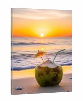 Refreshing green coconut drink with straw umbrella on sandy beach tranquil tropical sunset scene