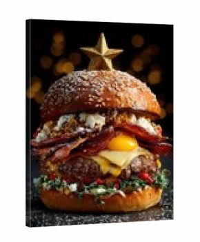 Gourmet christmas burger with a golden star and festive toppings