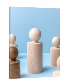 Hand places wooden cubes with human icons on a table, illustrating teamwork and development in a business context with a simple design