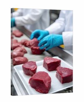 Worker packs raw beef steaks on trays in a food production plant with a conveyor belt and natural setting in the background