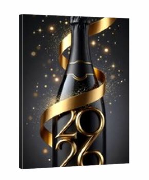 Celebrate 2026 with elegant black champagne bottle and shimmering gold ribbon for luxurious New Year's Eve party invitations