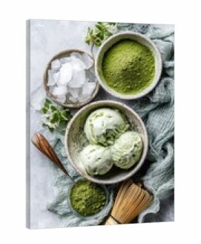 Matcha ice cream with green tea powder and ice cubes on a rustic table