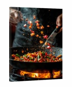 A vibrant dish with vegetables and spices, cooked in a fiery wok, conveys the dynamism and aroma of Asian cuisine — a suitable backdrop for culinary blogs or restaurant advertisements.