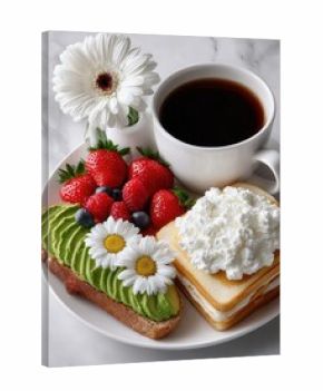 A delicious breakfast plate featuring avocado toast, fresh strawberries, blueberries, and a cup of black coffee. Perfect for a healthy morning meal.