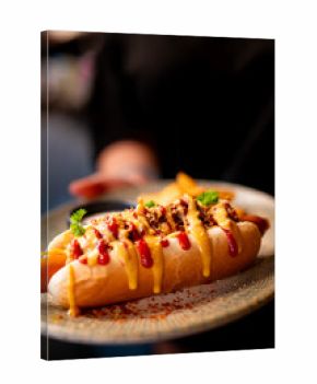 A gourmet hot dog loaded with chili, mustard, and ketchup, topped with sprinkles and a parsley garnish, served on a plate with fries in a shallow depth of field shot