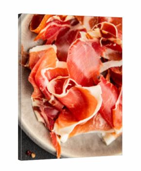 jamon serrano meat appetizer jamon iberico natural product tasty snack fresh delicious gourmet food background on the table rustic top view copy space