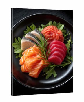 Premium sashimi platter with fresh salmon, tuna, yellowtail, and greens on black plate, elegant and appetizing presentation