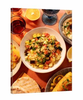 Moroccan couscous with vegetables, hummus, citrus salad and flatbread on a warm table