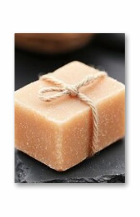 Beige Artisan Soap Bar with Twine on Dark Stone