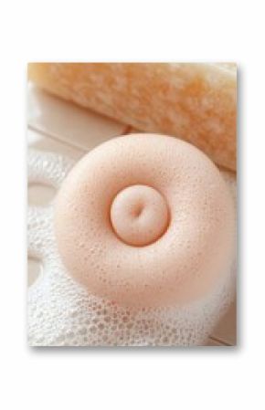 Close-up of Peach-Colored Soap Bar with Lather on Tile Background