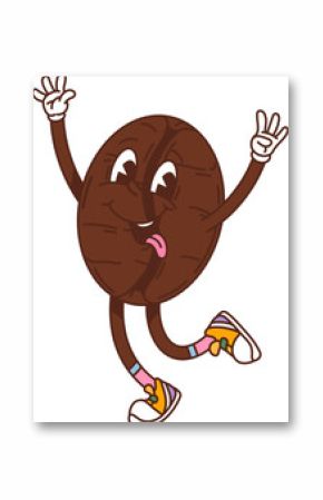 Cartoon groovy coffee bean character. Isolated vector playful, roasted brown seed y2k personage showcasing cheerful energetic smile. Funny bean or nut with expressive eyes, retro gloves and sneakers