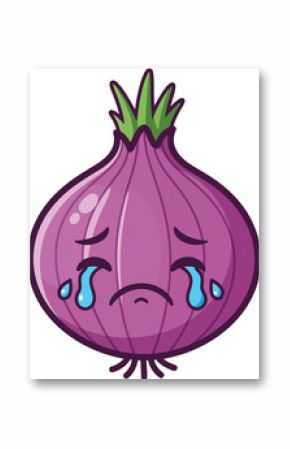 Sad crying purple onion face emoticon with green leaves vector illustration for emotional expression and food design 