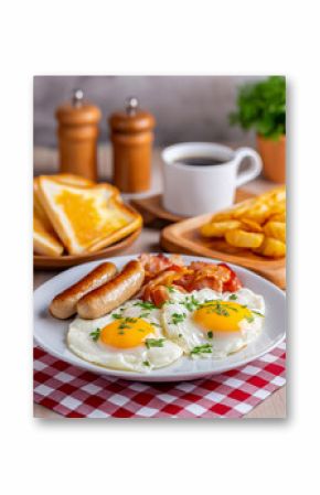 American breakfast with eggs, bacon, toast and sausages on white background, Image for Menu