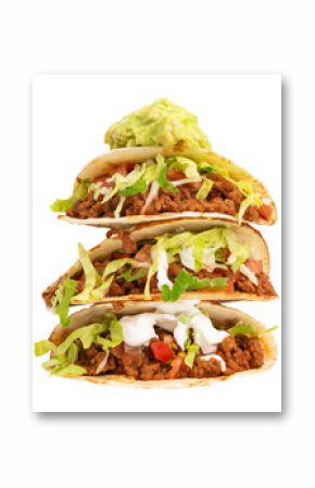 Stack of loaded beef tacos with guacamole, sour cream, lettuce, and tomatoes, isolated with transparent background