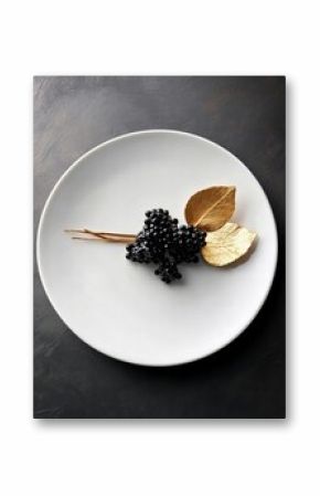 Minimalist Gourmet Caviar Artistry Luxe Culinary Styling with Golden Leaf Accent - Premium Fine Dining Visual Storytelling for Haute Cuisine Marketing