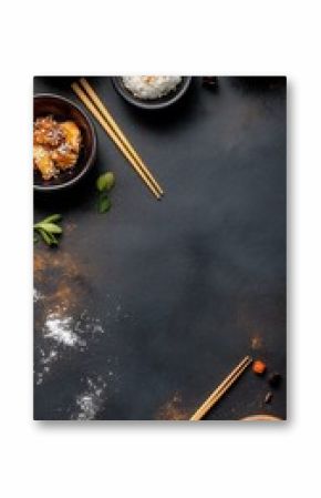 Japanese food, rice, sesame seeds, and chopsticks creating culinary frame on dark background