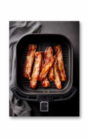 Crispy bacon air fryer kitchen countertop appliance food photography keto breakfast modern cooking healthy meal prep recipe influencer blog ad banner rustic dark copy space blank family meal