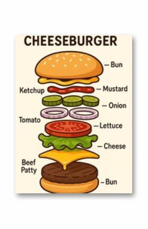 Illustrated diagram of a cheeseburger with ingredients labeled including bun, beef patty, cheese, tomato, lettuce, onion, pickle, ketchup, and mustard