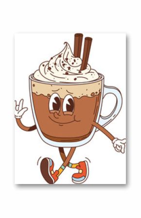 Groovy fast food coffee dessert drink character. Cafe cappuccino or latte sweet beverage groovy vector character. Fast food milk desert drink with whipped cream and chocolate cup cheerful personage