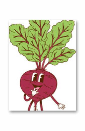 Cartoon groovy beet character with funny face, vector comic vegetable personage. Groovy beet with shy smile or happy laugh on silly face for cute veggie character or farm vegetable funky emoji